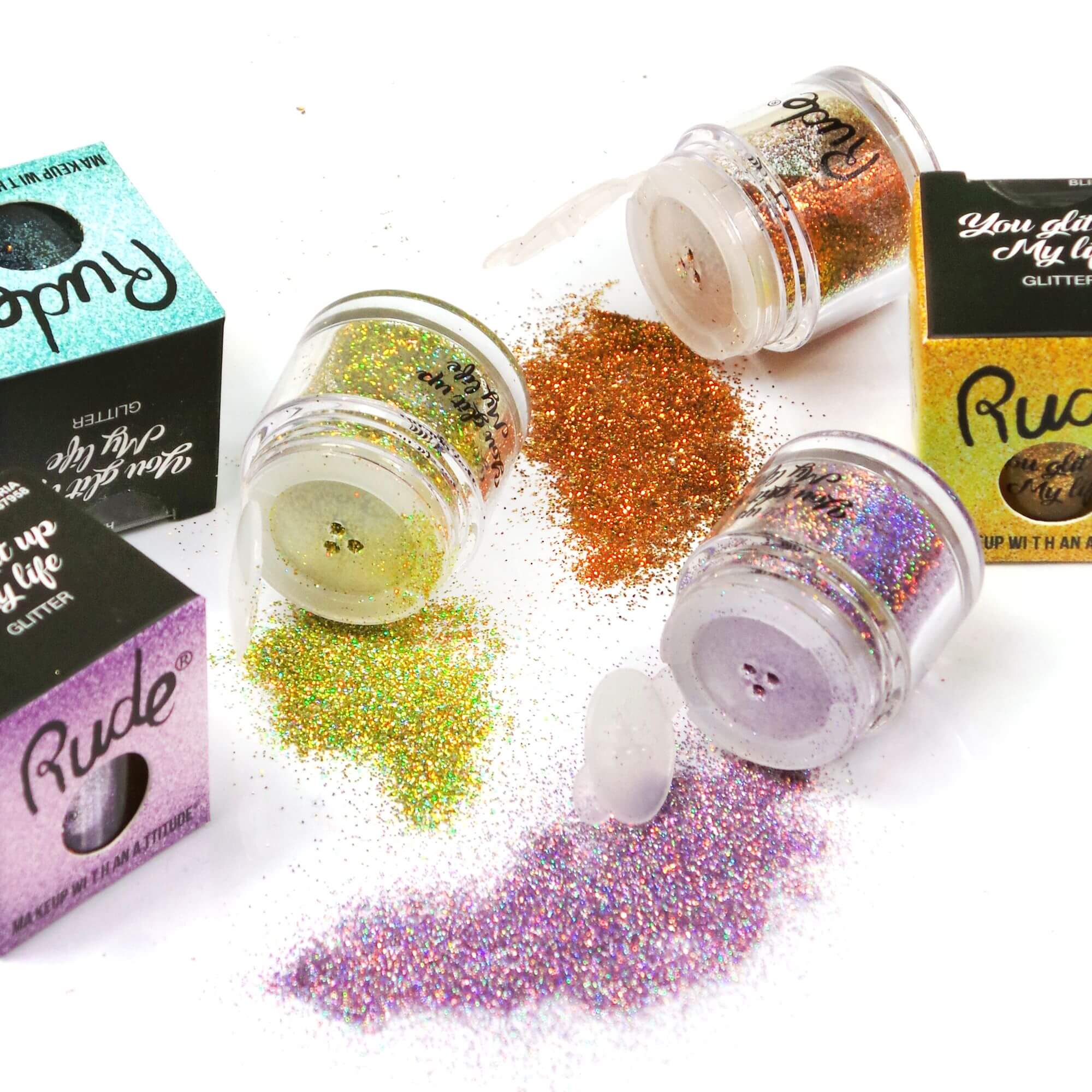 Rude Cosmetics You Glit Up My Life Glitter 2.5 g อายแชโดว์กลิตเตอร์ สีชัดจัดจ้าน แน่นทรงพลัง  แนะนำให้ทาไพรเมอร์ที่เปลือกตาก่อน เพื่อความคงทนของกลิตเตอร์ ให้ดวงตาวิ้งแวววาวขั้นสุด